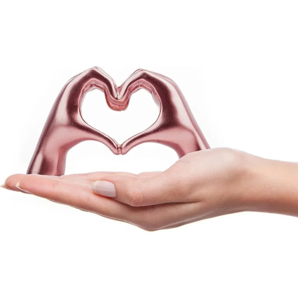 Small Shiny Pink Heart Hands Sculpture Decor for Living Room Bedroom Bookshelf